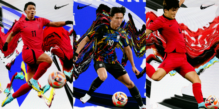 한국 축구대표팀의 홈(왼쪽)과 원정(가운데) 유니폼 착용 모습. 왼쪽부터 황희찬, 정우영, 김민재. 나이키 제공