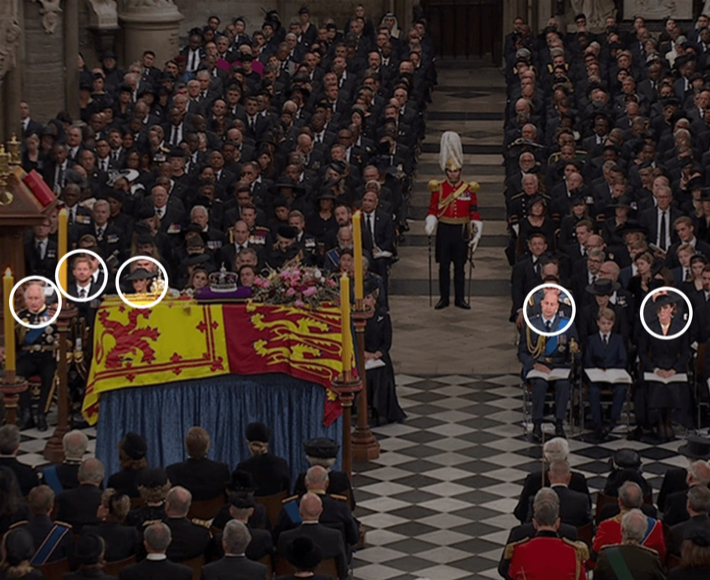 왼쪽 원부터 찰스 3세 왕, 해리 왕자 부부, 다시 오른쪽 맨 앞줄에 윌리엄 왕자 부부가 앉아있다. BBC 캡처