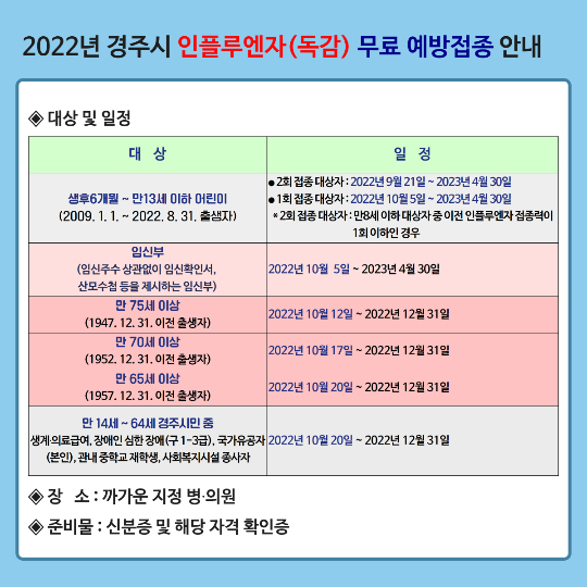 인플루엔자(독감) 예방접종 홍보 리플릿. 경주시 제공