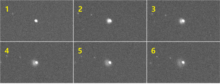 다트 탐사선 충돌 전후 촬영한 영상. 1번은 충돌 직전의 소행성 디모르포스, 2-6번은 충돌 직후 먼지가 분출되는 모습. 한국천문연구원 제공