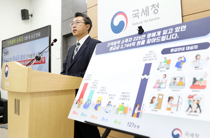 국세청 장일현 개인납세국장이 28일 인적용역 소득세 환급금 신고에 대해 브리핑하고 있다. 국세청 제공