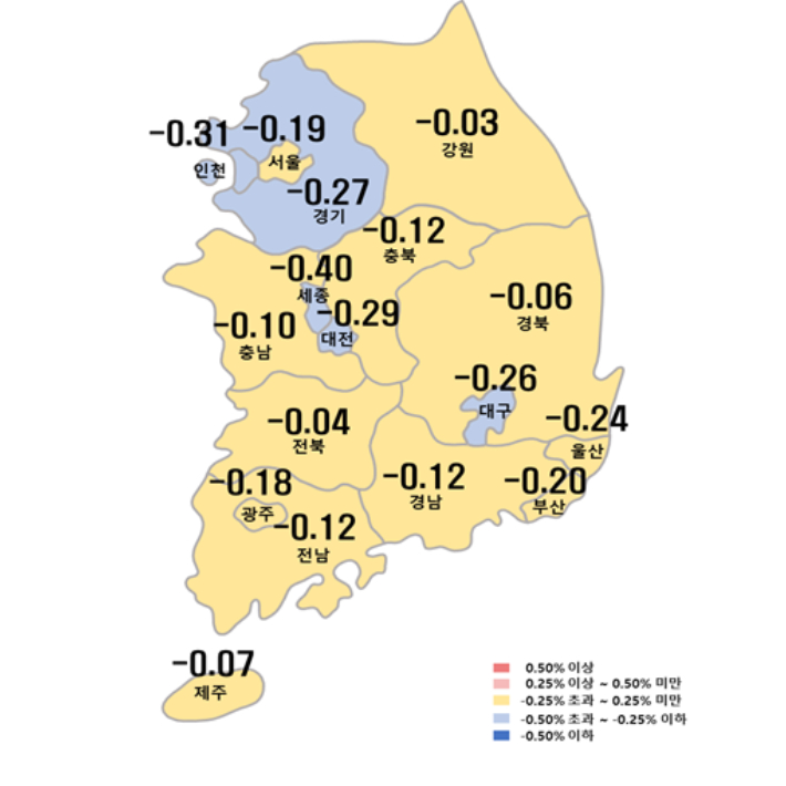 9월 넷째 주 시도별 아파트 매매가격지수 변동률. 한국부동산원 제공