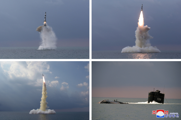 북한이 지난해 고래급 잠수함(이른바 '8.24 영웅함')에서 SLBM을 시험발사하는 모습. 연합뉴스