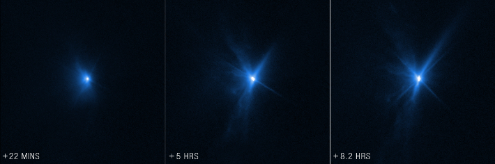 DART 우주선이 소행성 디모르포스(Dimorphos)와 충돌 후 허블우주망원경이 22분, 5시간, 8.2시간 뒤 관측한 이미지. NASA, ESA, Jian-Yang Li (PSI); image processing: Alyssa Pagan (STScI)