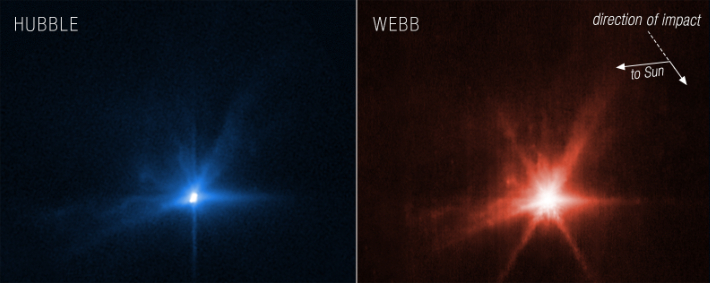 Image from the Hubble Space Telescope observing the DART spacecraft colliding with Dimorphos (left) Image from the James Webb Space Telescope.  NASA, ESA, CSA, Jian-Yang Li (PSI), Cristina Thomas (Northern Arizona University), Ian Wong (NASA-GSFC)