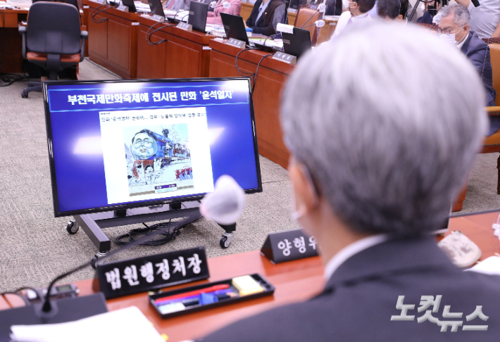 국정감사에 등장한 '윤석열차'…與 "표절" vs 野 "표현의 자유"