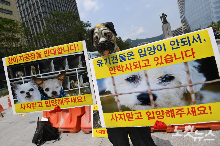 한국동물보호연합이 4일 오후 서울 광화문광장에서 '반려동물 사지 말고 입양해 주세요' 기자회견을 갖고 있다. 황진환 기자