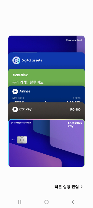 삼성페이에서 결제가 가능한 신용카드와 각종 티켓 및 탑승권 등을 보여주는 화면(예시). 삼성전자 제공