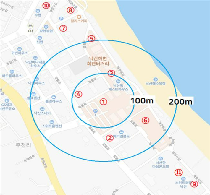 사고현장(①) 및 공사 진행중(②, ⑨, ⑩), 공사 예정(이외 현장)인 인근 상황. 국토교통부 제공