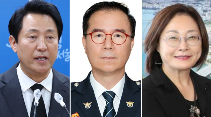 왼쪽부터 오세훈 서울시장, 김광호 서울경찰청장, 박희영 용산구청장. 연합뉴스 