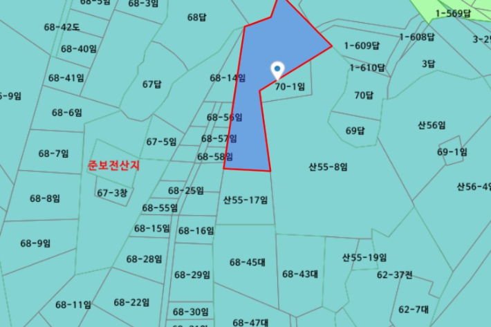 바둑판 모양으로 쪼개진 유곡리 일대 토지. 기획부동산이 송상면 유곡리의 서경석 사장 토지 서쪽으로  개입했다. 토지이음 갈무리