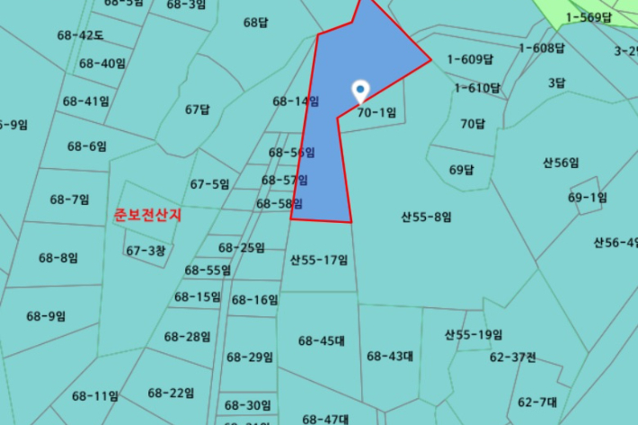 바둑판 모양으로 쪼개진 유곡리 일대 토지. 기획부동산이 송상면 유곡리의 서경석 사장 토지 서쪽으로  개입했다. 토지이음 캡처