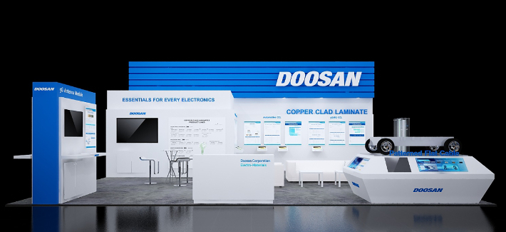 15~18일,&nbsp;독일 뮌헨에서 개최되는 '2022&nbsp;일렉트로니카'에 참가한 ㈜두산의 부스 랜더링 이미지. ㈜두산 제공