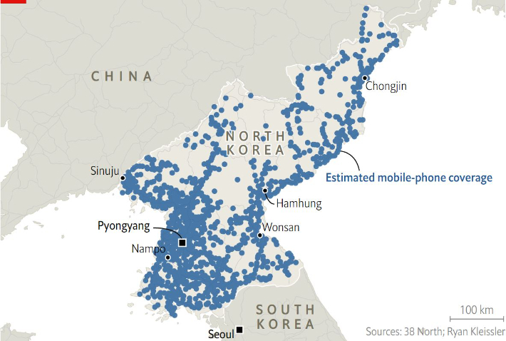 북한의 이동통신 기지국 위치를 추정한 지도. 이코노미스트 캡처