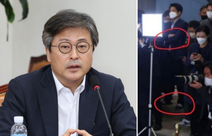 국민의힘 김종혁 비대위원(왼쪽)은 윤 대통령 출근길 문답 당시 찍힌 MBC 기자의 사진을 페이스북에 게시하며 "슬리퍼를 신고 온 건 뭐라 해야 할까"라고 지적했다. 연합뉴스·페이스북 캡처