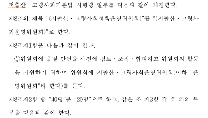 22일 국무회의에서 의결된 저출산·고령사회기본법 시행령 일부개정령안 내용 중 일부. 보건복지부 제공