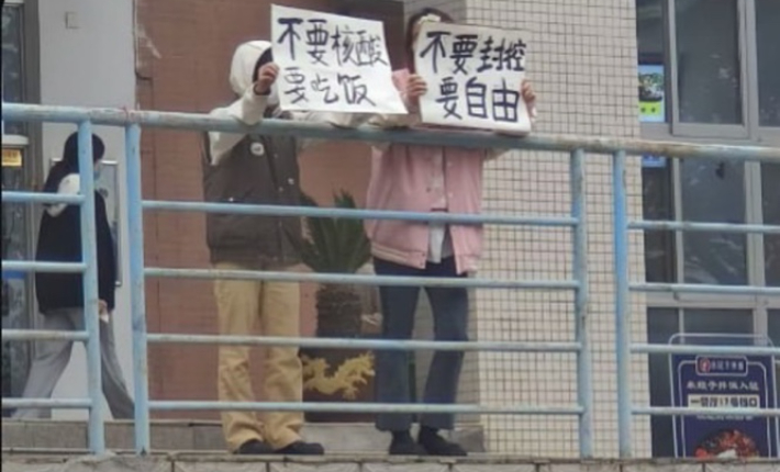 "핵산 필요없고 밥이 필요하다. 봉쇄 필요없고 자유를 달라"는 내용의 피켓을 들고 있는 중국인들. SNS 캡처
