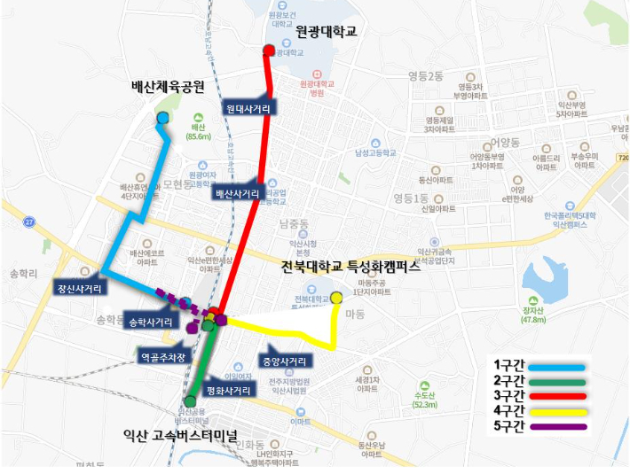 KTX 익산역을 중심으로 한 자율주행 자동차 시범 운행 구간. 익산시 제공