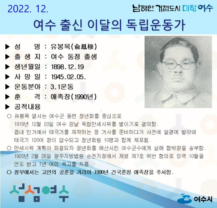 여수시가 12월 이달의 독립운동가로 여수 동정 태생 '유봉목(兪鳳穆) 선생'을 선정하고 홍보에 나섰다. 여수시 제공