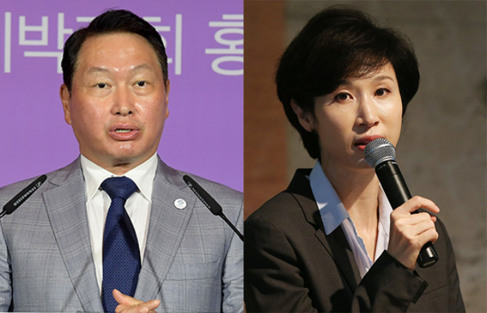 법원이 6일 오후 최태원 SK그룹 회장(왼쪽)과 노소영 아트센터 나비 관장(오른쪽)의 이혼을 선고했다. 박종민 기자·연합뉴스