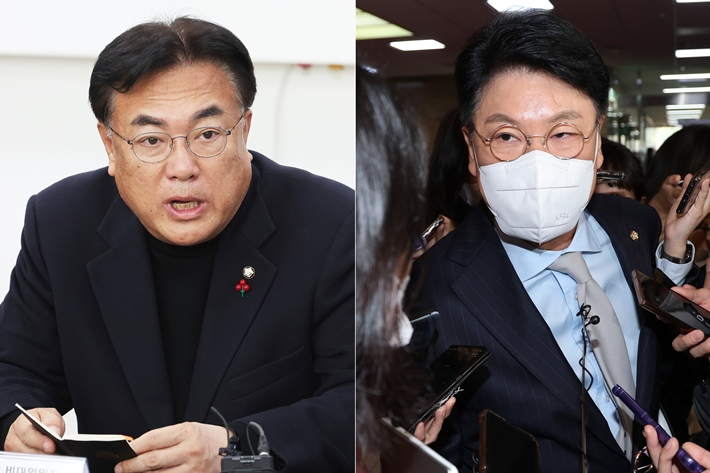 왼쪽부터 국민의힘 정진석 비상대책위원장, 장제원 의원. 연합뉴스