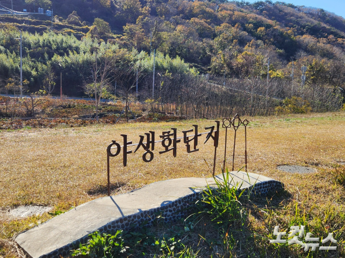가덕도 외양포포진지 옆 조성된 야생화단지를 알리는 팻말이 설치되어 있다. 정혜린 기자 