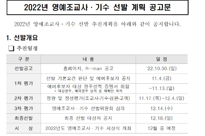 영예조교사 등 선발 계획 공고문. 마사회 제공