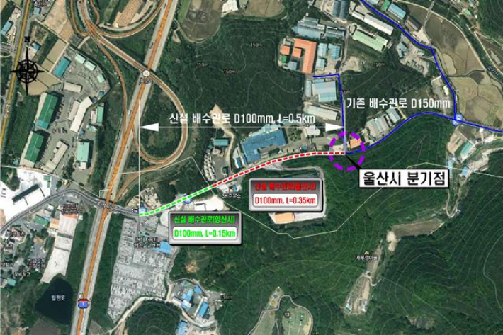 현대자동차 양산출고센터 급수 관로 신설 계획. 울산시 제공
