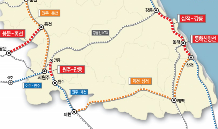 제4차 국가철도망구축계획에 포함된 강원권 철도망 노선도. 강원도 제공