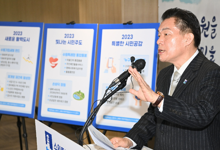 수원시의 올해 역점사업 등을 발표하고 있는 이 시장 모습. 수원특례시청 제공
