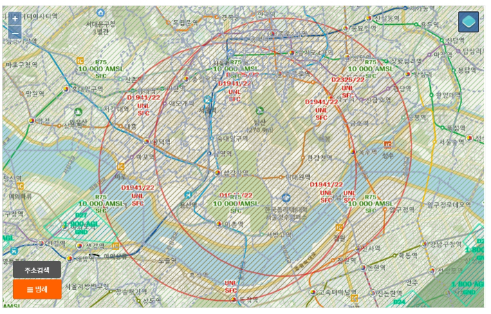 현재의 P73 비행금지구역. 용산 대통령실 일대를 기준으로 반경 2해리(3.7km) 범위다. 국토교통부 제공