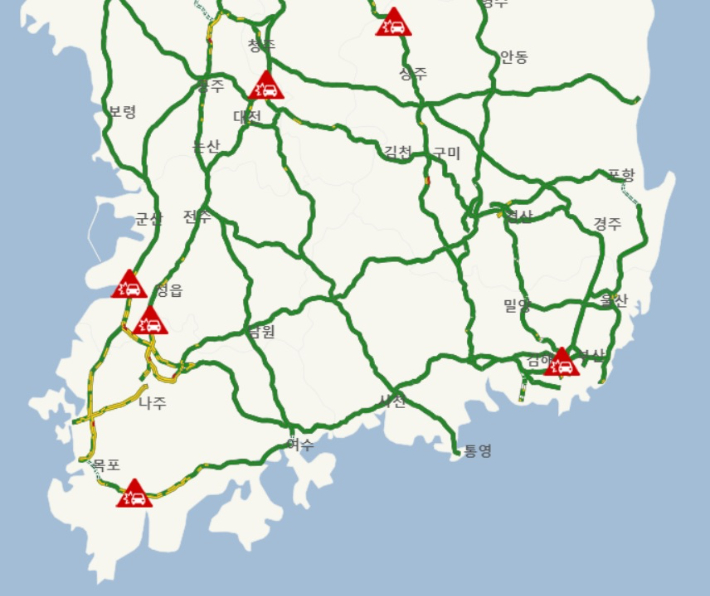 24일 오전 9시 45분 기준 남부지역 고속도로 상황. 한국도로공사 홈페이지 갈무리
