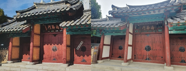 문화재 복원 전(왼쪽)과 복원 후 달라진 배면 색상. 연합뉴스 