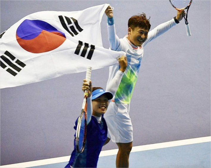 2019년 타이저우세계선수권대회에서 문혜경이 박규철과 혼합 복식 우승을 차지한 뒤 세리머니하는 모습. 대한소프트테니스협회