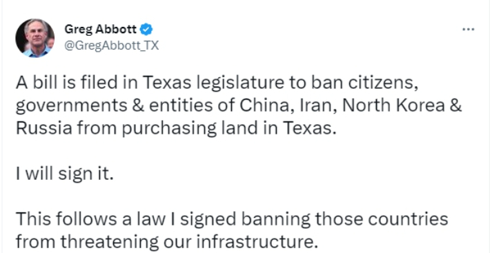 텍사스 주지사가 해당 법안에 대한 지지의사를 표명했다. 트위터 캡처
