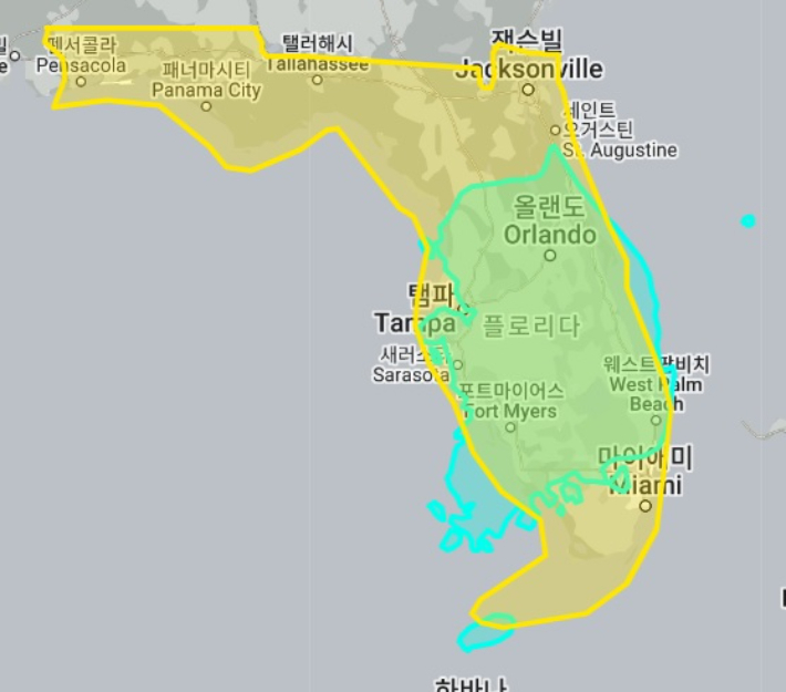 미국 플로리다와 남한의 면적 비교. thetruesize 캡처
