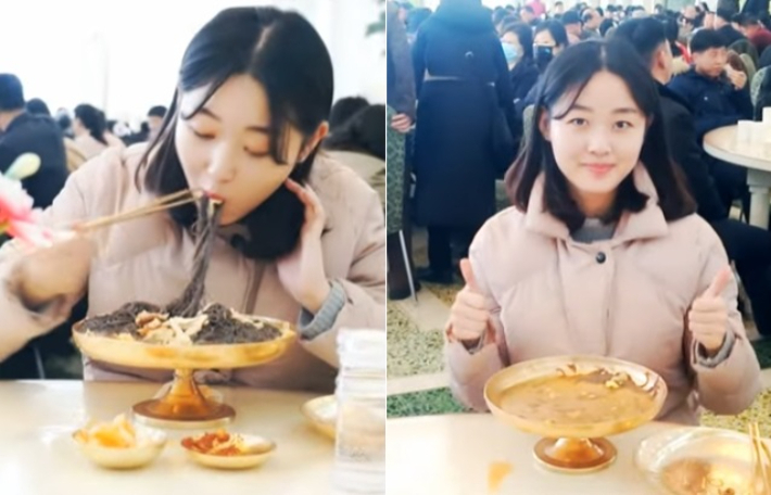 북한의 유명 음식점인 옥류관을 찾아 냉면 먹방 선보이는 북한 유튜버 유미. '올리비아 나타샤' 유튜브 채널 캡처