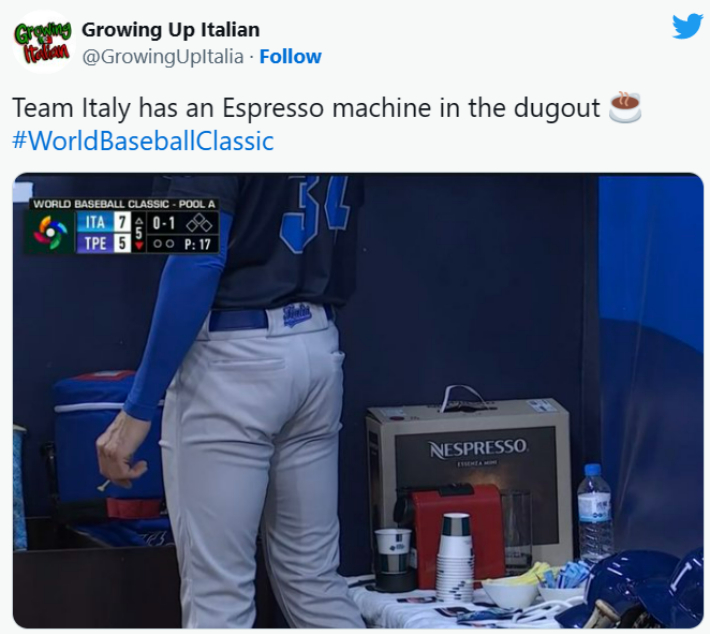 이탈리아 덕아웃에는 에스프레소 머신이 있다. 트위터 캡처