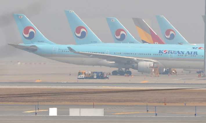 인천국제공항 주기장에 세워진 대한항공 항공기 모습들. 연합뉴스