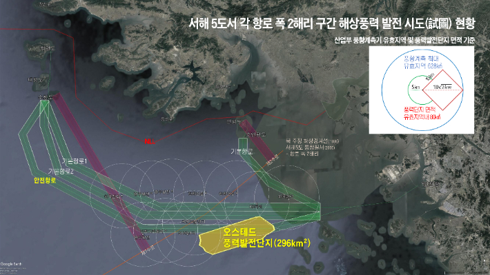 서해5도 각 항로 폭 2해리 구간에 추진 중인 해상풍력 발전 추진 현황. 인천바다 해상풍력발전 시민대책위원회 제공