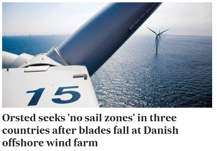 한국전력공사 해상풍력사업단 보고서 '해상풍력 안전사고 사례집'에서 인용한 외신보도 발췌. 오스테드가 덴마크 해상에 운영 중인 해상풍력단지 사고로 인근 3개 국가게 항해금지 명령을 검토한다는 내용을 담고 있다. 한전 제공