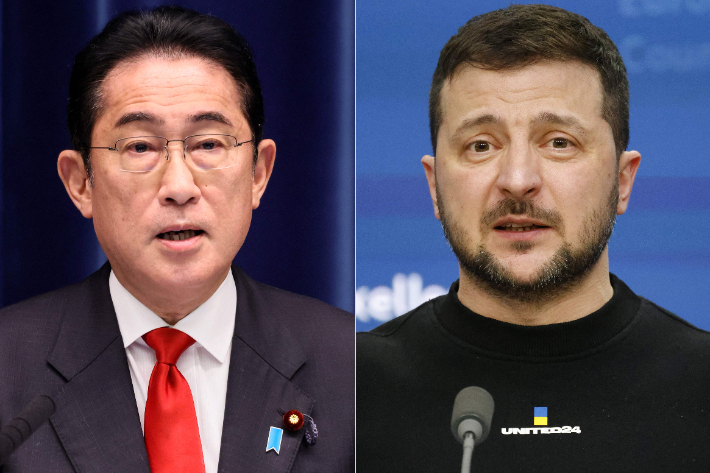 일본 NHK가 21일 "기시다 후미오(왼쪽) 일본 총리가 우크라이나를 깜짝 방문해 젤렌스키(오른쪽) 우크라이나 대통령과 정상회담을 가질 것으로 보인다"고 보도했다. 연합뉴스