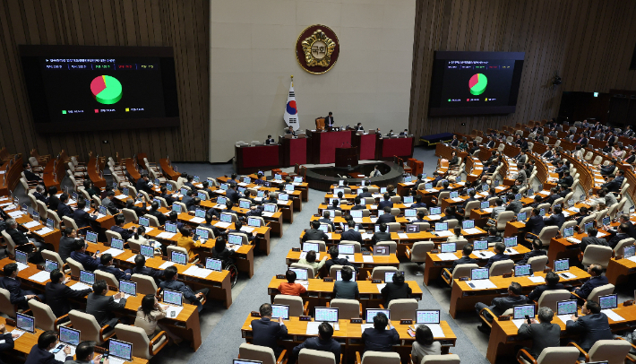 23일 오후 열린 국회 본회의에서 양곡관리법 일부개정법률안(대안)에 대한 수정안이 통과되고 있다. 연합뉴스
