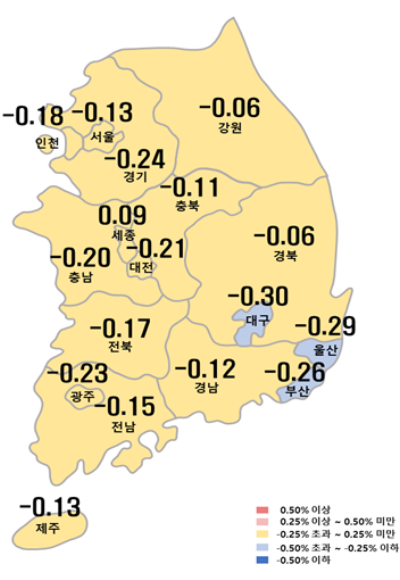 3월  넷째 주 시도별 아파트 매매가격지수 변동률. 한국부동산원 제공 