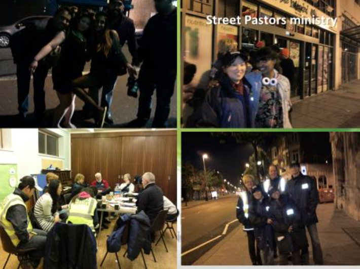 주말에 밤 9시~다음날 오전 4시까지 거리에서 순찰을 하며 지역을 돕는 Street Pastors 사역 모습.