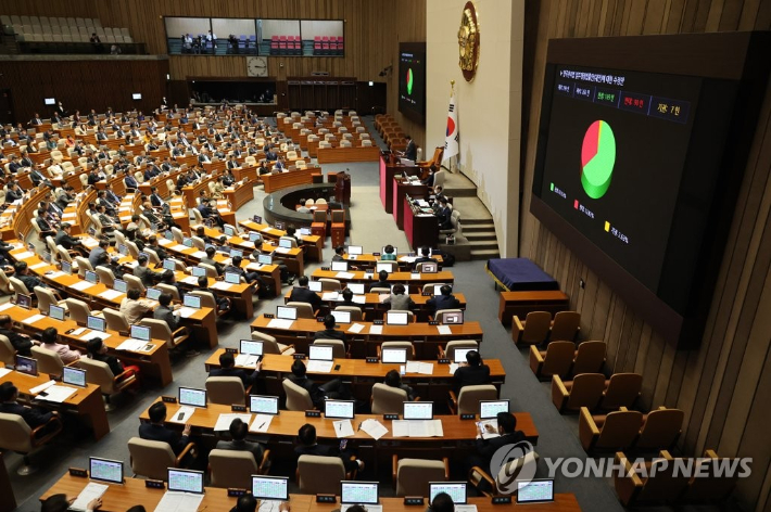 23일 오후 국회에서 열린 본회의에서 양곡관리법 일부개정법률안에 대한 수정안이 가결되고 있다. 연합뉴스