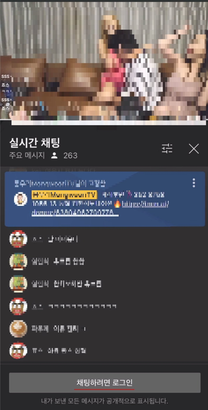 한국인 남성 유튜버가 태국 유흥업소 여성들과 음란 생방송을 하고 있는 장면 하단에 '채팅하려면 로그인'이라는 문구가 적혀 있다. 누구든 접속만 하면 시청할 수 있었다는 의미다. 녹화 영상 캡처