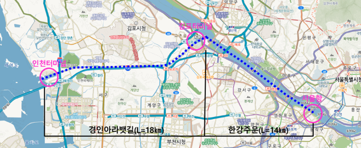 한강과 아라뱃길을 통해 서해로 나가는 서해뱃길 항로. 서울시 제공 