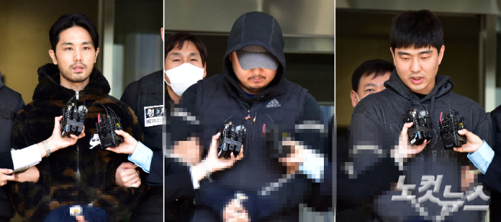 '강남 납치·살해 사건'의 피의자로 구속된 이경우(36), 황대한(36), 연지호(30)가 지난 9일 서울 강남구 수서경찰서에서 검찰로 송치되고 있다. 윤창원 기자