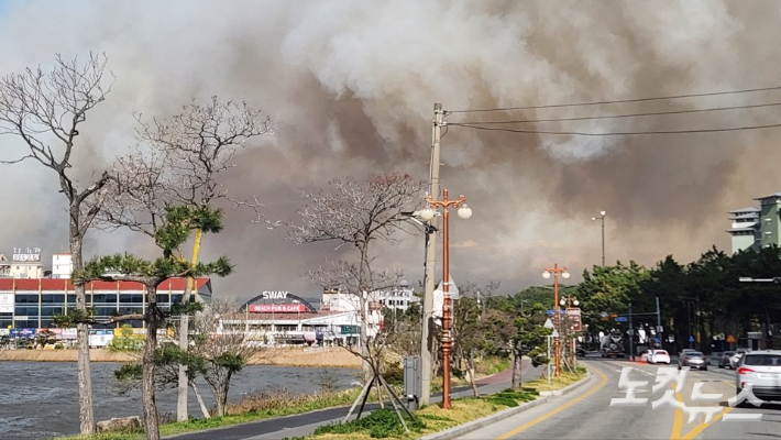 11일 발생한 산불로 강릉시 경포호 일대가 산불 연기로 뒤덮였다. 전영래 기자 
